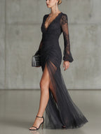 Tessa | Lace Ruched Sheer Long Sleeve Maxi Dress for Women