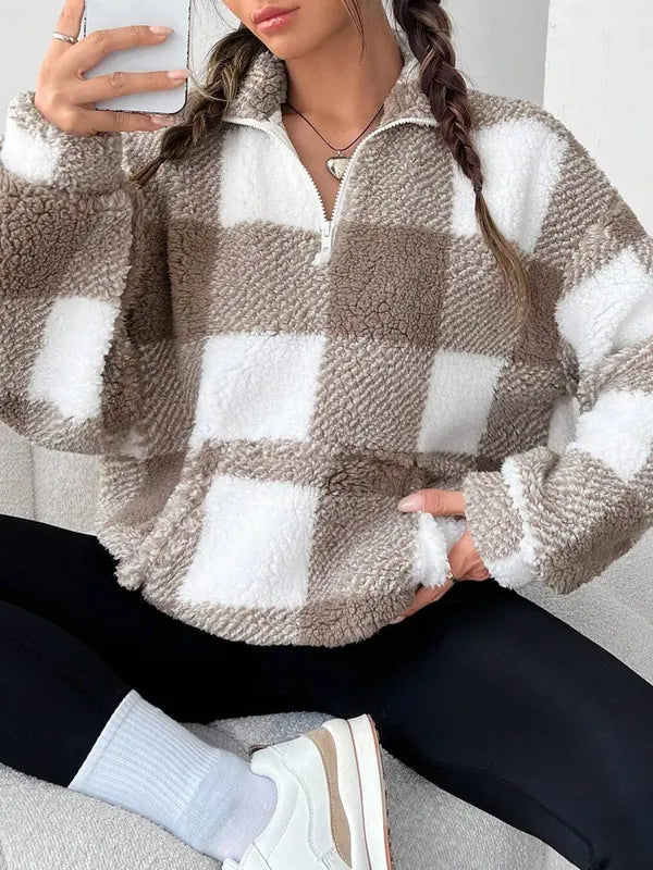 MALDAT - Chic Plaid Print Half Zip